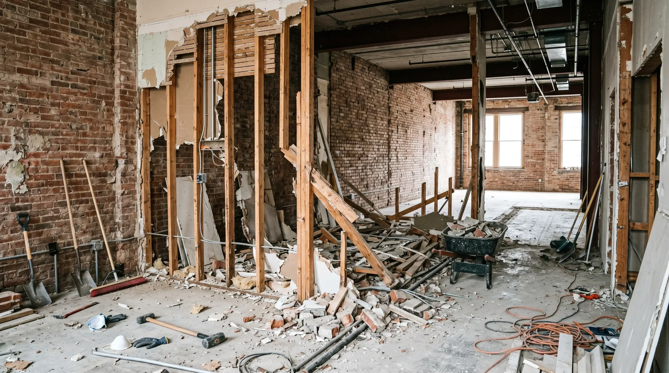 Abbrucharbeiten in einem ehemaligen Raum mit freiliegenden Ziegelwänden und zurückgebauten Wänden