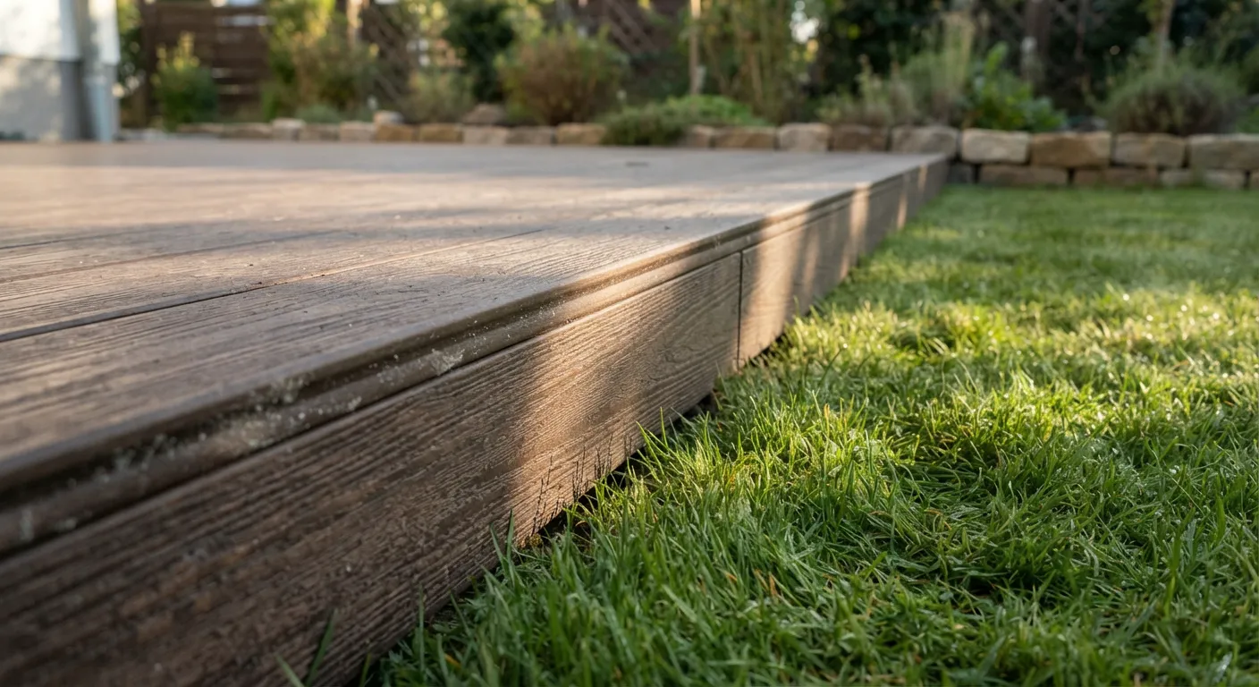 Detailaufnahme einer Holzterrasse mit grünem Gras im Vordergrund