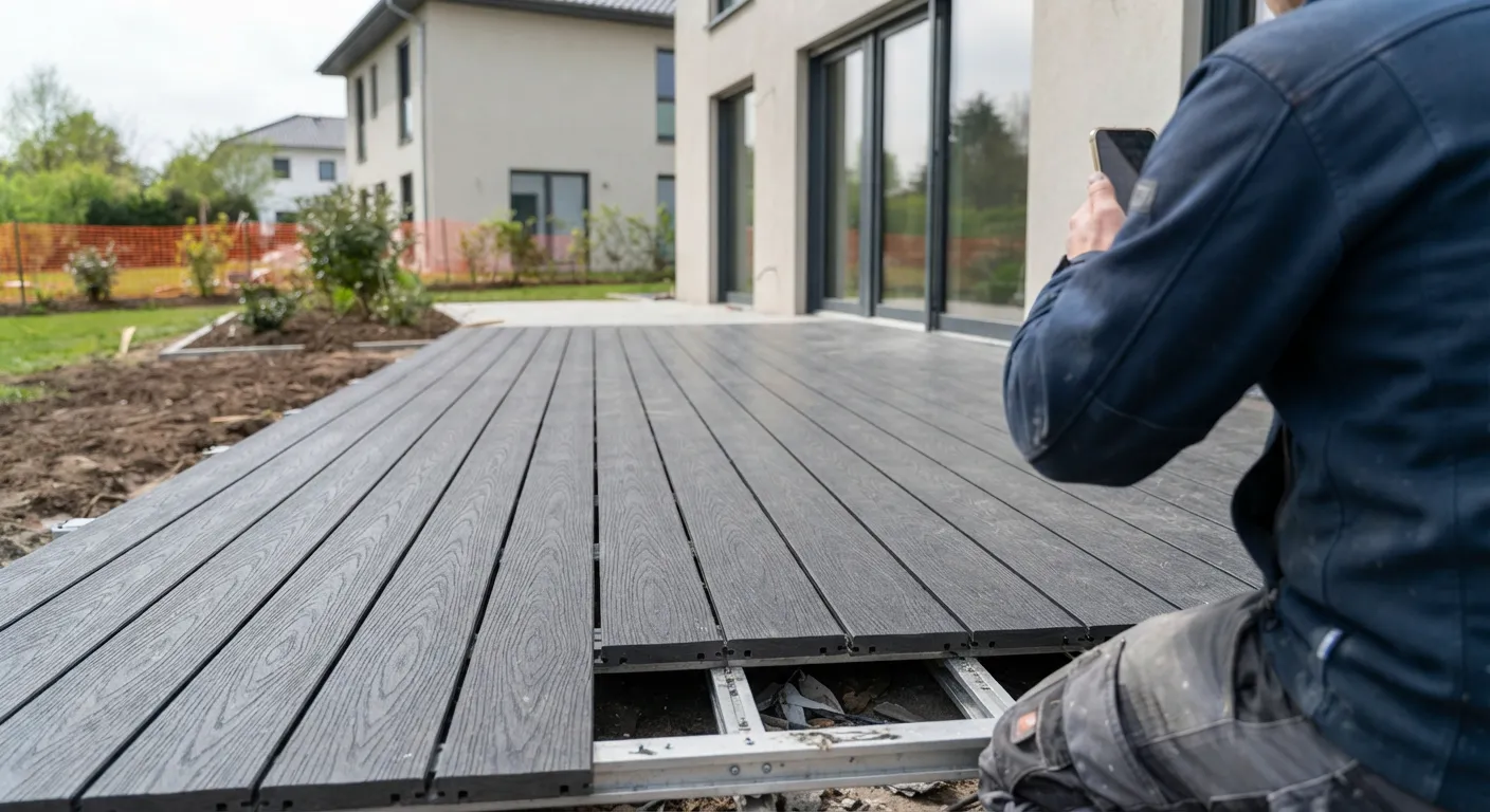 Ein Handwerker verlegt WPC Terrassenplatten auf einer Baustelle